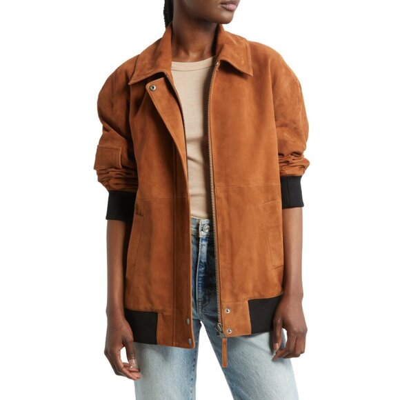 Treasure Bond Oversized Suede Leather Bomber Jacket